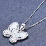 White Opal & Cubic Zirconia Butterfly Pendant Necklace