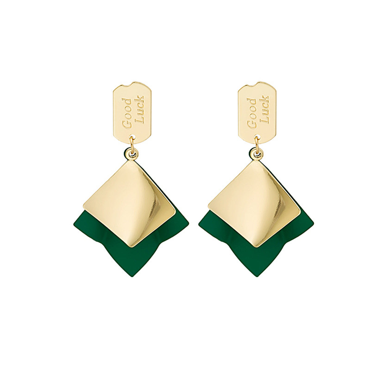 Green Enamel & 18K Gold-Plated 'Good Luck' Rhombus Drop Earrings
