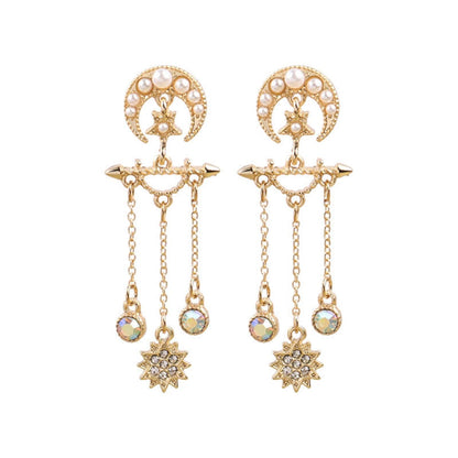 Pearl and Cubic Zirconia 18K Gold-Plated Celestial Chandelier Drop Earrings, gold drop earrings for women, side view