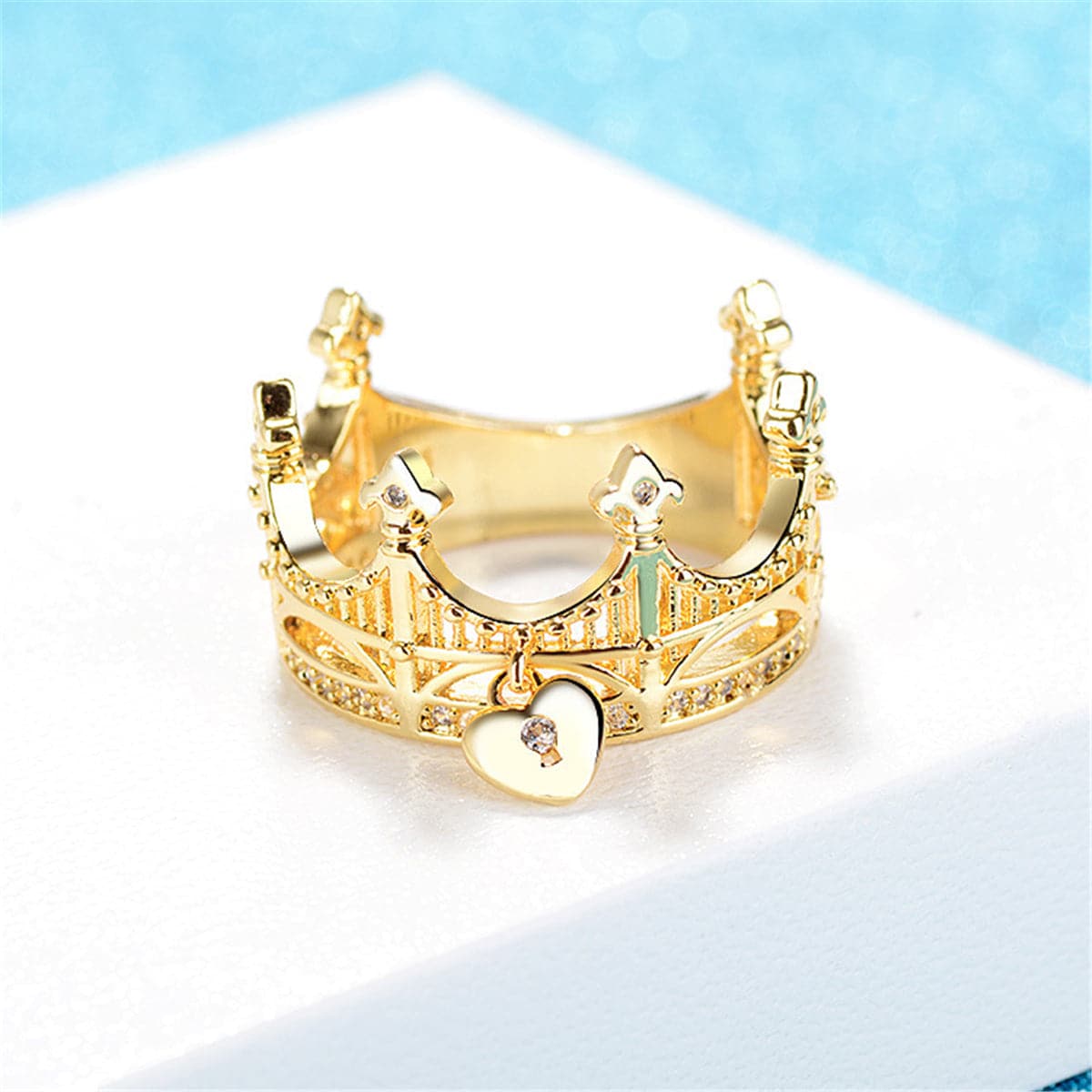 Cubic Zirconia & 18K Gold-Plated Heart Charm Crown Ring