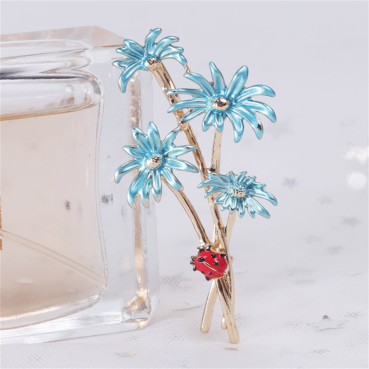 Blue Enamel and 18K Gold-Plated Mum Ladybug Brooch, gold brooch pin, vintage-inspired design, side view