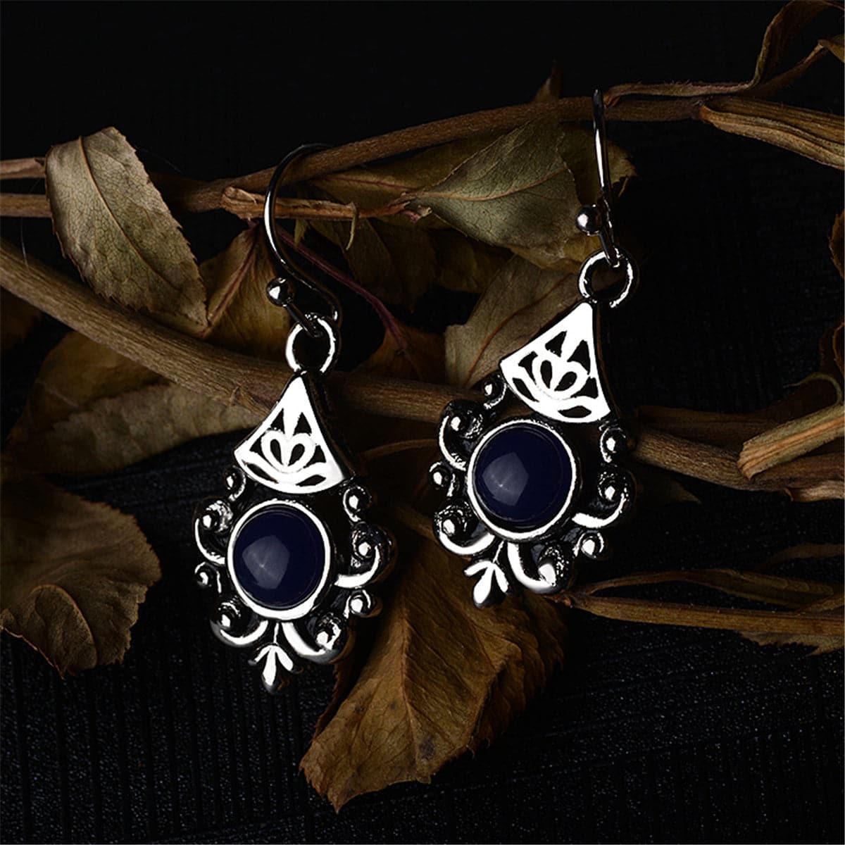 Retro Blue Crystal & Silver-Plated Filigree Drop Earrings