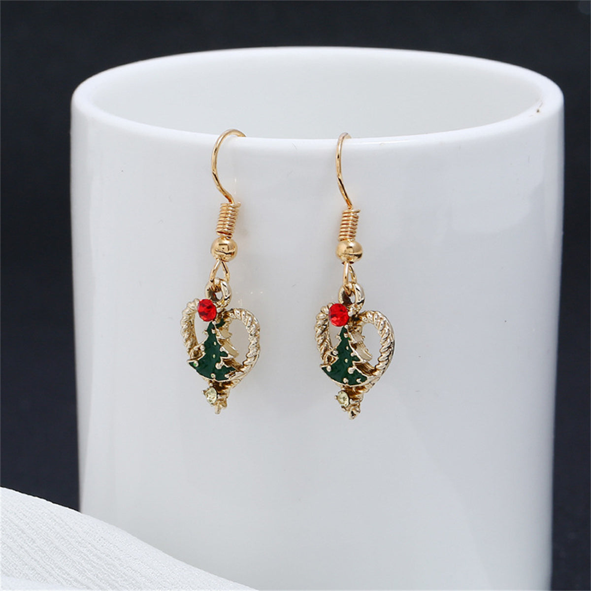 Red Cubic Zirconia & Green Enamel Openwork Heart Tree Drop Earrings