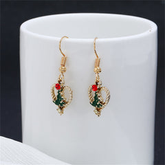 Red Cubic Zirconia & Green Enamel Openwork Heart Tree Drop Earrings