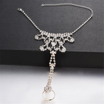 Cubic Zirconia and Silver Plated Ornate Ankle-To-Toe Ring Anklet, silver anklet bracelet, botanical inspired, front view