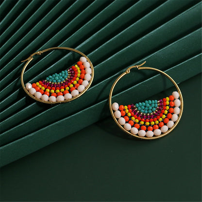 Red and Yellow Acrylic Bead Hoop Earrings, dainty minimalist design, detail close-up
