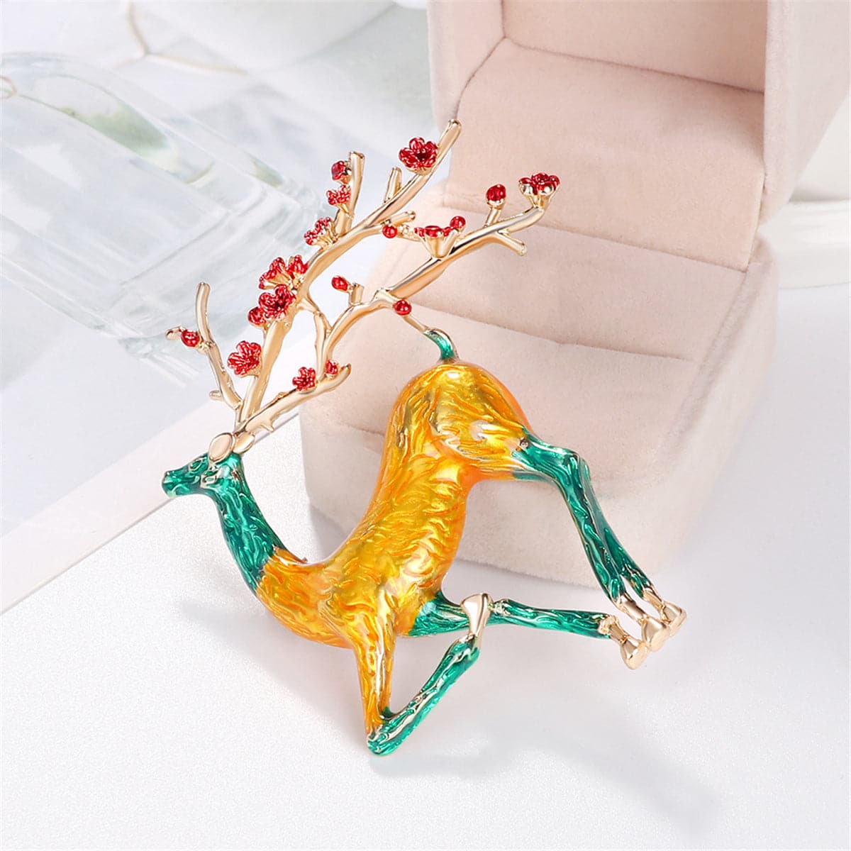 Yellow and Teal Enamel 18K Gold-Plated Deer Brooch, gold brooch pin, elegant gift for her, side view
