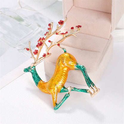 Yellow and Teal Enamel 18K Gold-Plated Deer Brooch, gold brooch pin, elegant gift for her, side view