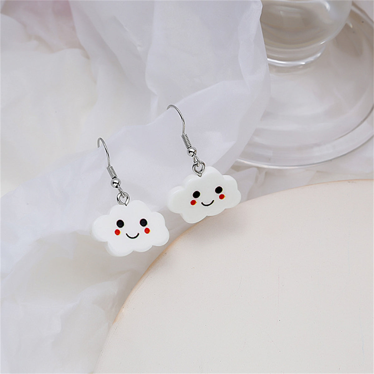 White Acrylic and Silver-Plated Cloud Drop Earrings, silver drop earrings for women, dainty minimalist design, lifestyle look