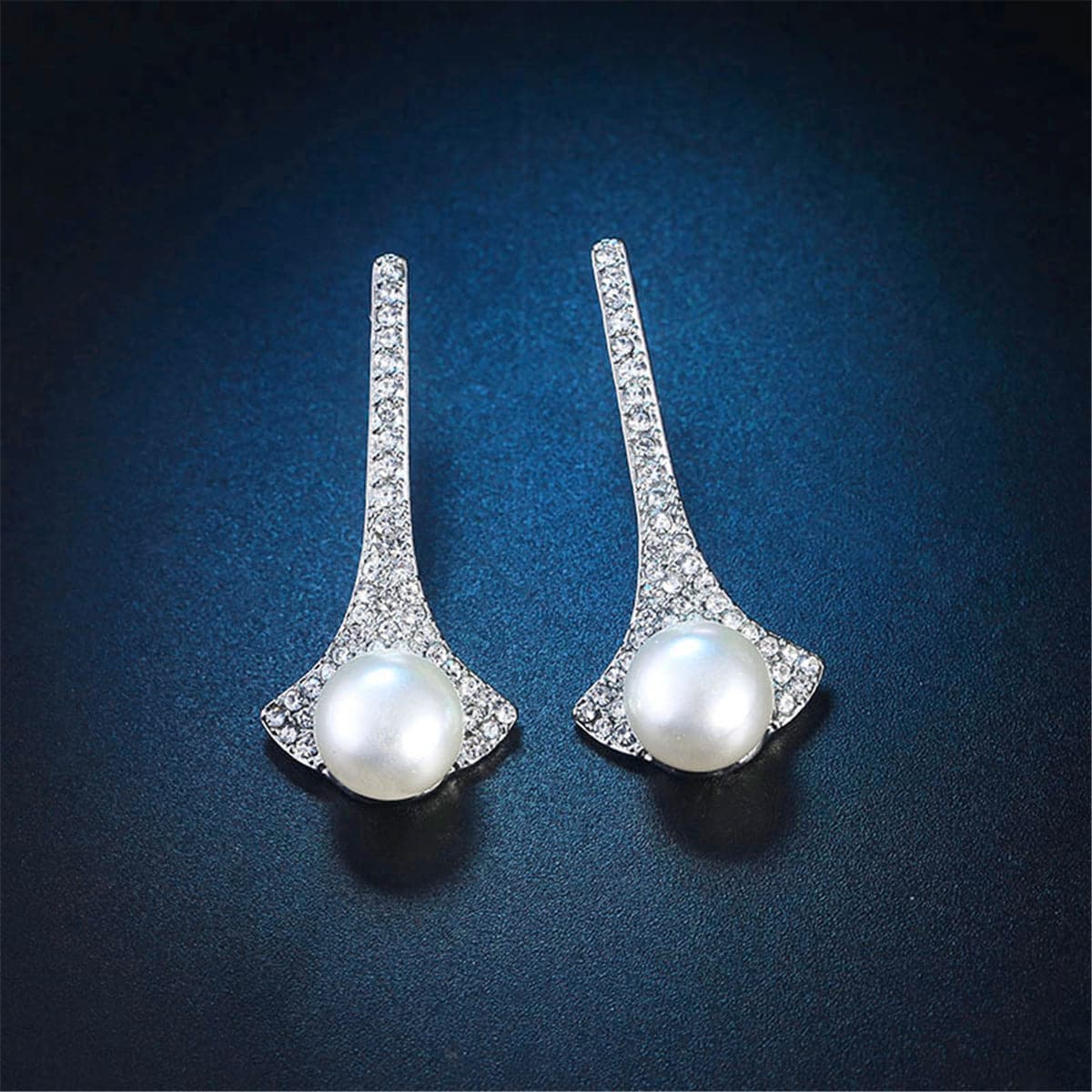 Cubic Zirconia & Pearl Silver-Plated Fan Drop Earrings