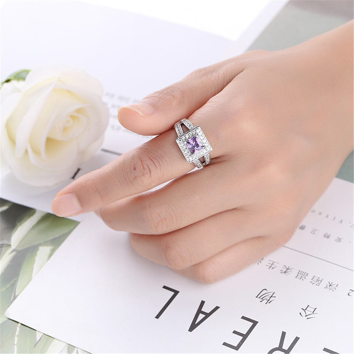 Purple Crystal & Cubic Zirconia Silver-Plated Halo Princess-Cut Ring