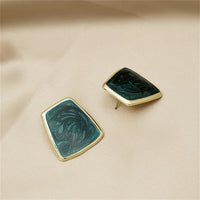 Green Enamel & 18k Gold-Plated Marbled Bezel Geometric Stud Earring