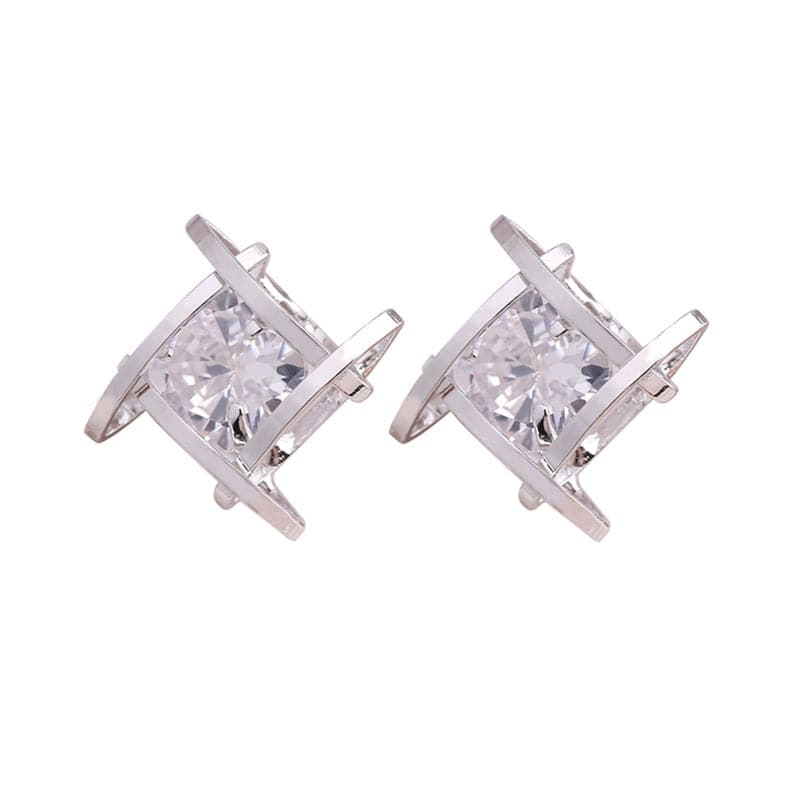 Crystal and Silver-Plated Caged Stud Earrings, silver stud earrings for women, everyday style, detail close-up