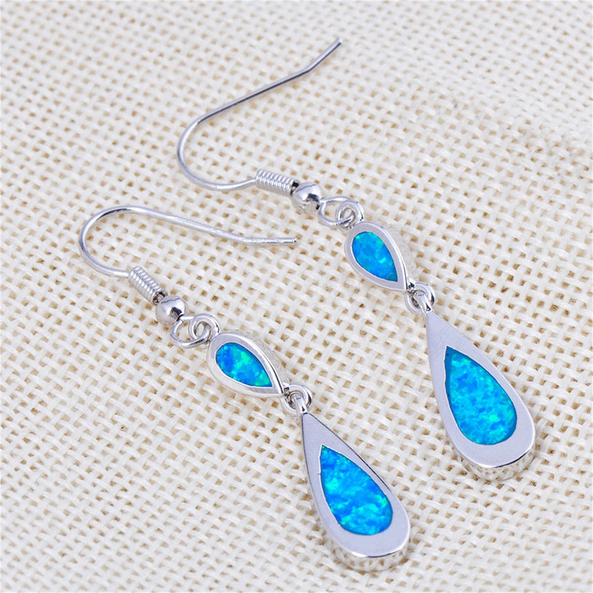 Blue Opal & Silvertone Double Teardrop Earrings - streetregion