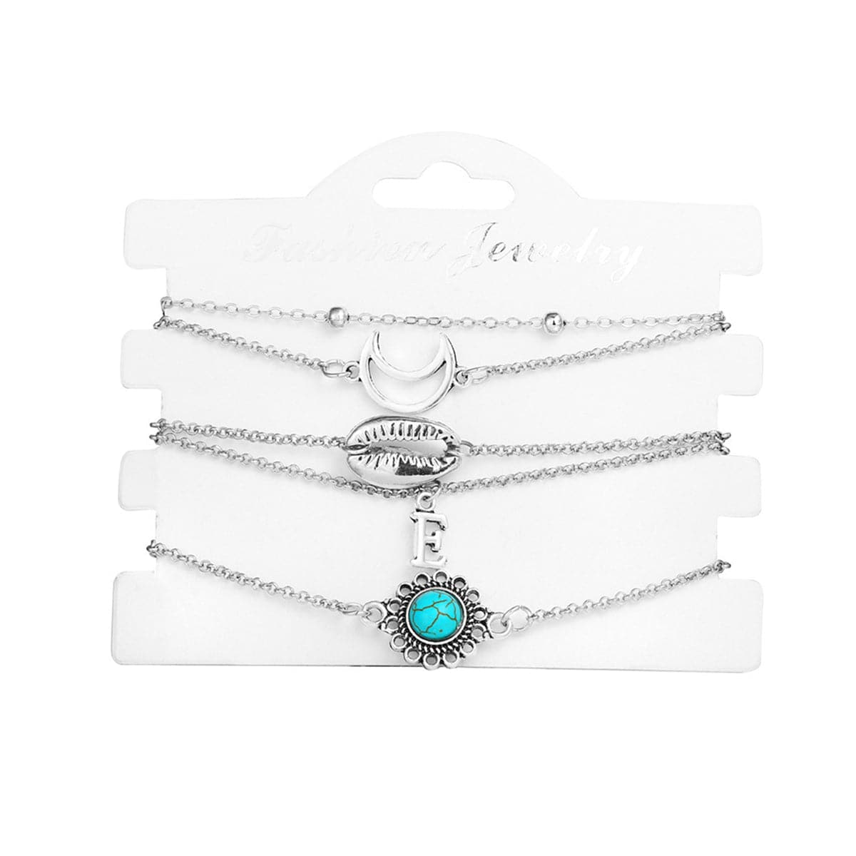 Turquoise and Silver-Plated Shell and Moon Bracelet Set, jewelry gift sets for women, elegant gift for her, lifestyle look