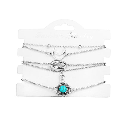 Turquoise and Silver-Plated Shell and Moon Bracelet Set, jewelry gift sets for women, elegant gift for her, lifestyle look