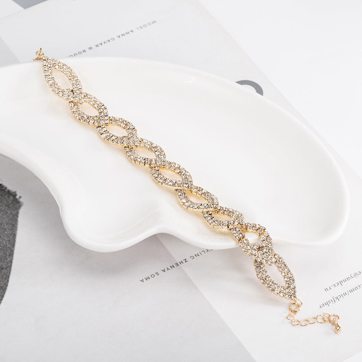Cubic Zirconia and 18K Gold-Plated Crossing Line Bracelet, gold bracelet for women, botanical inspired, front view
