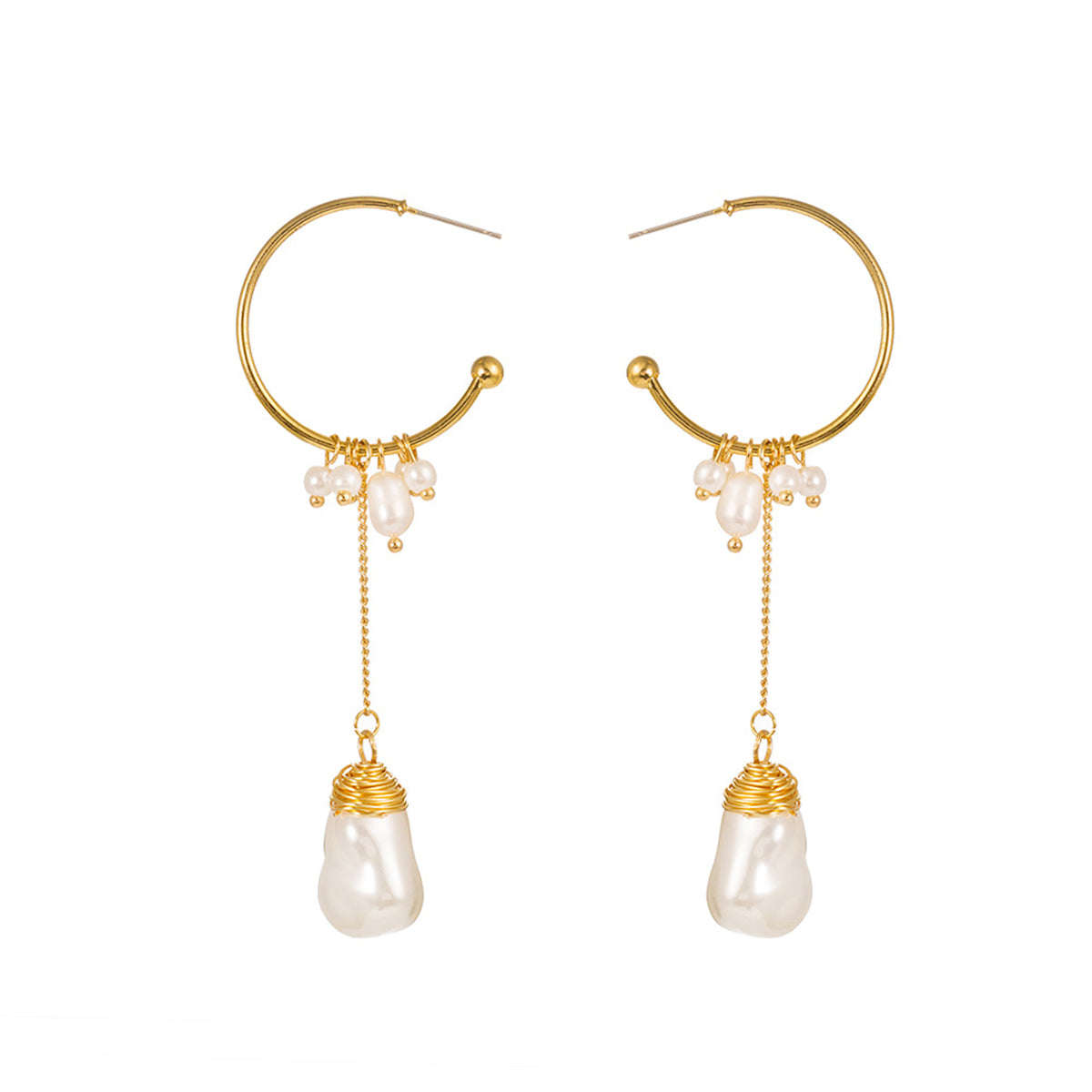 Pearl and 18K Gold-Plated Dangle Hoop Earrings, gold drop earrings for women, vintage-inspired design, side view