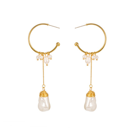 Pearl and 18K Gold-Plated Dangle Hoop Earrings, gold drop earrings for women, vintage-inspired design, side view