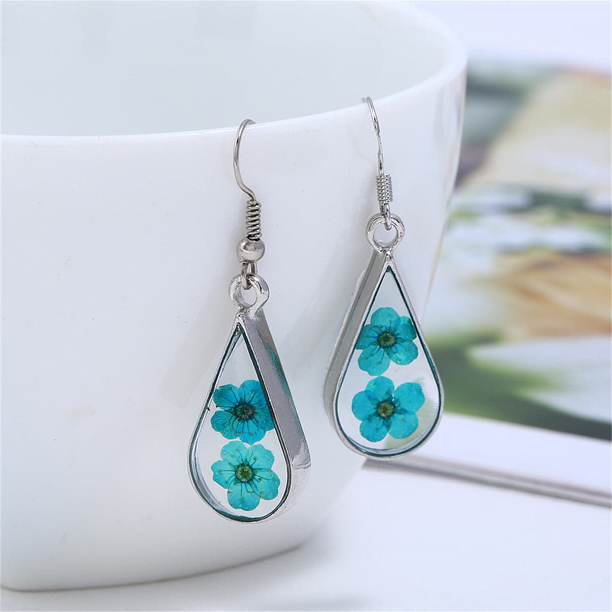Blue Pressed Peach Flower and Silver-Plated Drop Earrings, silver drop earrings for women, elegant gift for her, side view