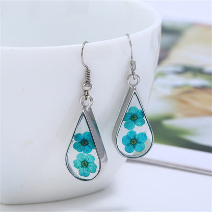 Blue Pressed Peach Flower and Silver-Plated Drop Earrings, silver drop earrings for women, elegant gift for her, side view