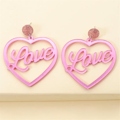Pink and Silver-Plated Open Heart 'Love' Drop Earrings, silver drop earrings for women, vintage-inspired design, styled look