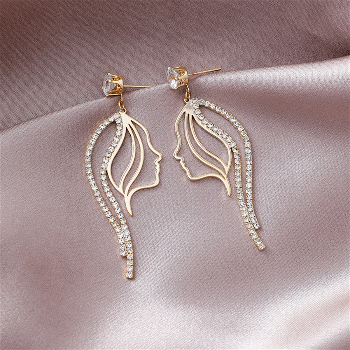 Cubic Zirconia and 18K Gold-Plated Abstract Figure Drop Earrings, gold drop earrings for women, detail close-up