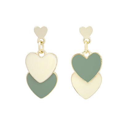 Green Enamel and 18K Gold-Plated Double Heart Drop Earrings, gold drop earrings for women, everyday style, side view