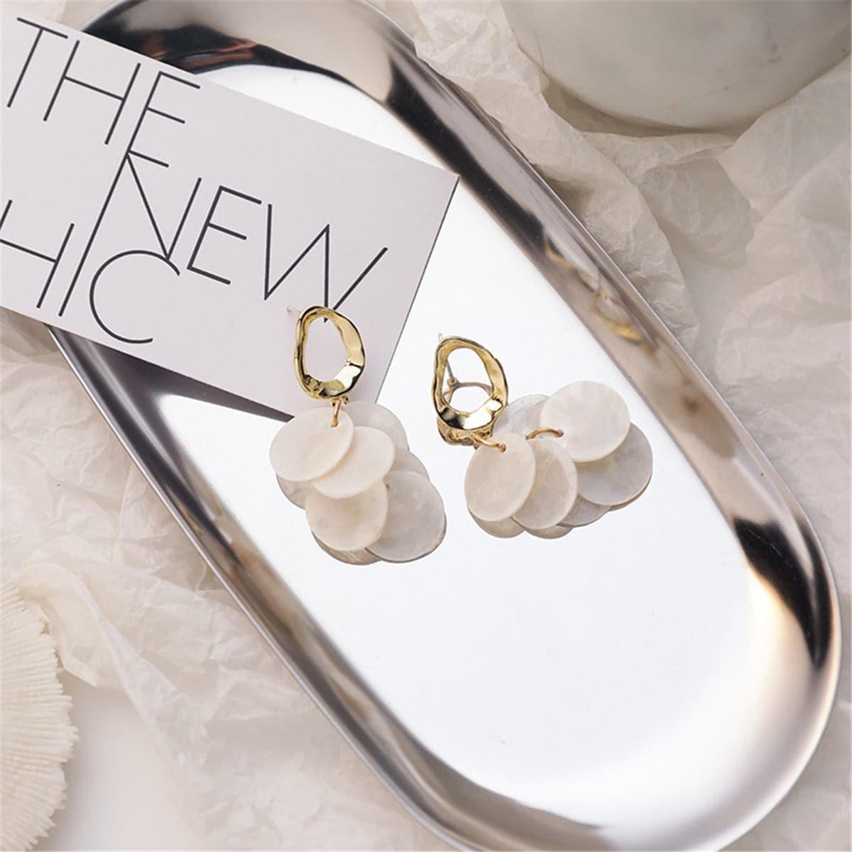 Shell and 18K Gold-Plated Tiered Drop Earrings, gold drop earrings for women, everyday style, lifestyle look
