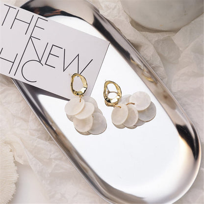 Shell and 18K Gold-Plated Tiered Drop Earrings, gold drop earrings for women, everyday style, lifestyle look