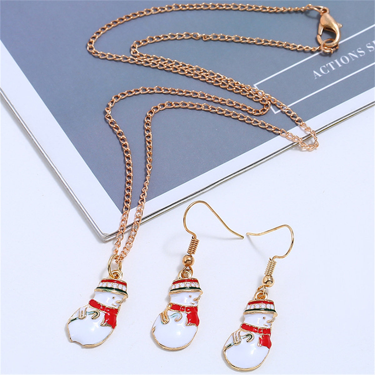 Red Enamel & 18K Gold-Plated Snowman Dangle Earring Pendant Necklace Set