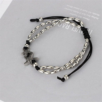 Black and Silver-Plated Starfish Charm Adjustable Anklet, silver anklet bracelet, botanical inspired, side view