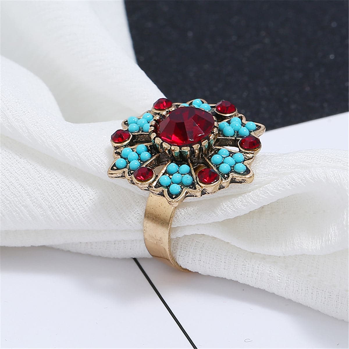 Red Cubic Zirconia & Turquoise Flower Cocktail Ring - streetregion