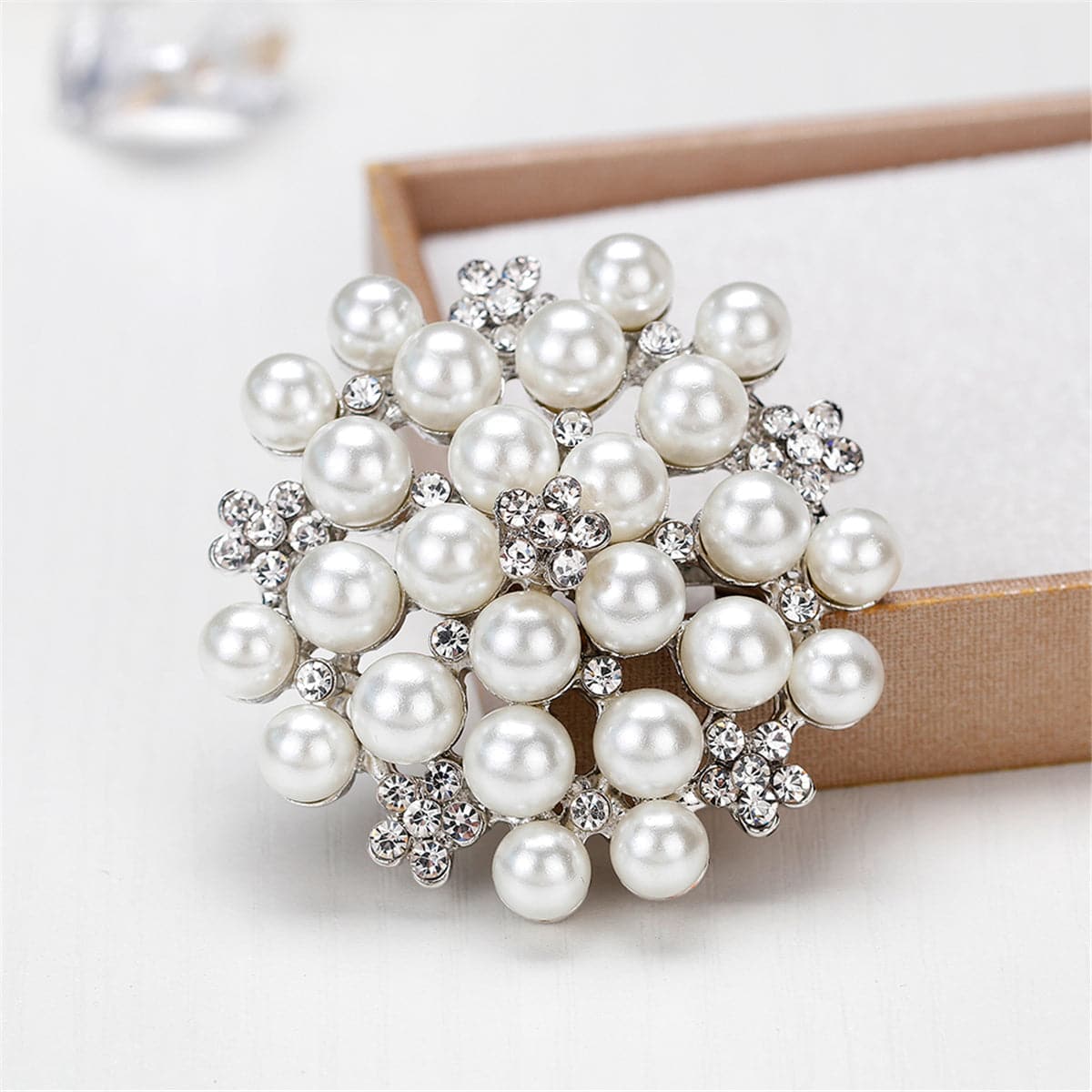 Pearl and Cubic Zirconia Silver-Plated Flower Brooch, silver brooch pin, dainty minimalist design, front view