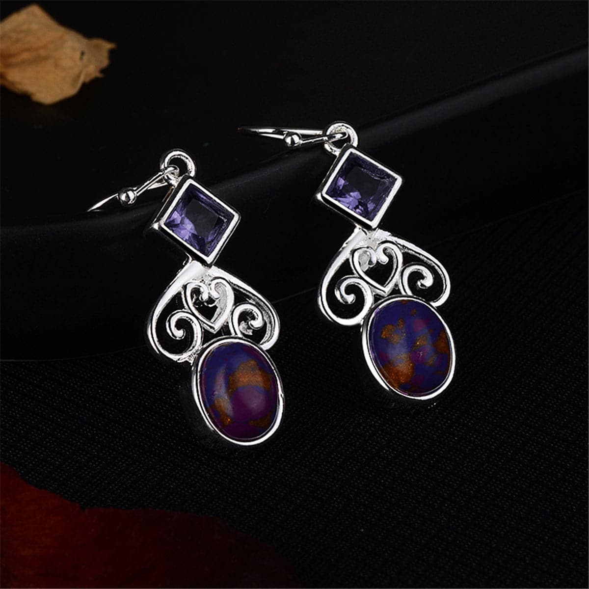 Purple Turquoise & Crystal Filigree Heart Drop Earrings