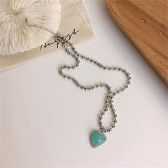 Aqua Resin & Silver-Plated Ball Chain Heart Pendant Necklace