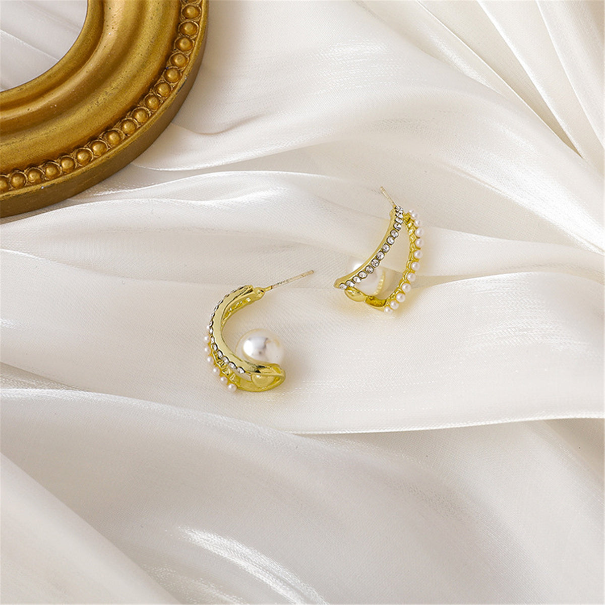 Pearl and Cubic Zirconia Curve Huggie Earrings, huggie earrings, botanical inspired, lifestyle look