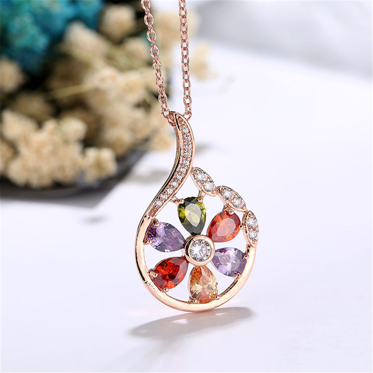 Multicolor Crystal and Cubic Zirconia Droplet Pendant Necklace, pendant necklace for women, lifestyle look