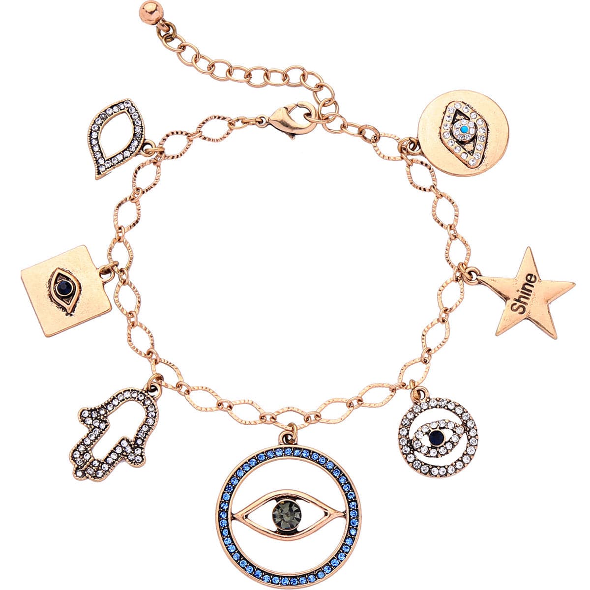 Cubic Zirconia & 18K Gold-Plated Evil Eyes & Lips Charm Bracelet