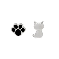 Black Enamel & Silver-Plated Kitty Paw Stud Earrings