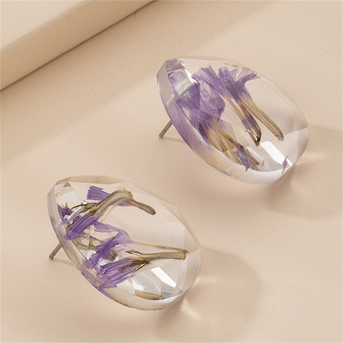 Purple Flower Petal and Silver-Plated Earrings, silver stud earrings for women, vintage-inspired design, front view