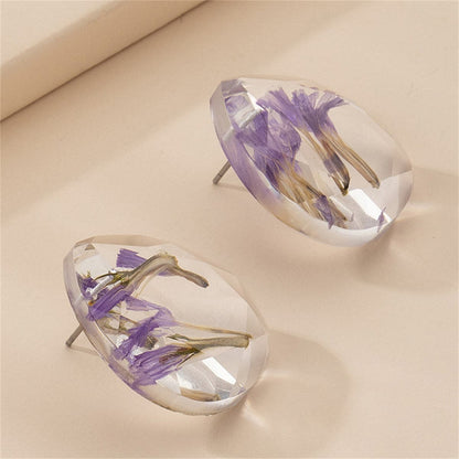 Purple Flower Petal and Silver-Plated Earrings, silver stud earrings for women, vintage-inspired design, front view