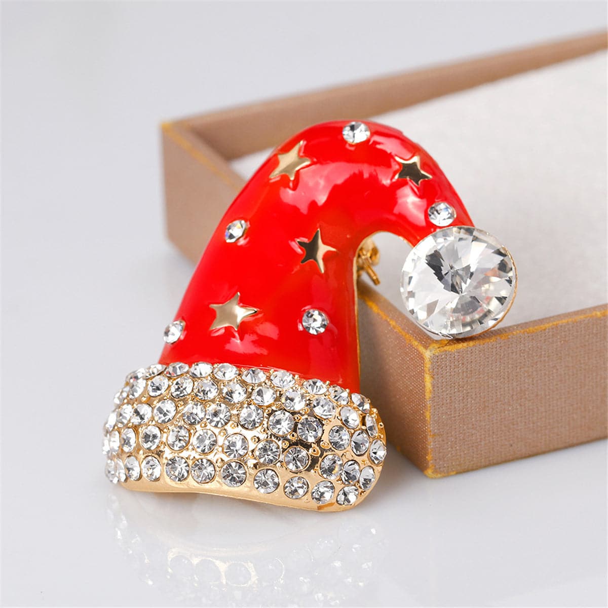 Cubic Zirconia & 18K Gold-Plated Star Santa Hat Brooch