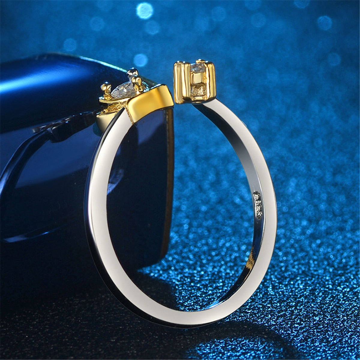 Cubic Zirconia and Two-Tone Crown Bypass Ring, statement rings for women, botanical inspired, side view