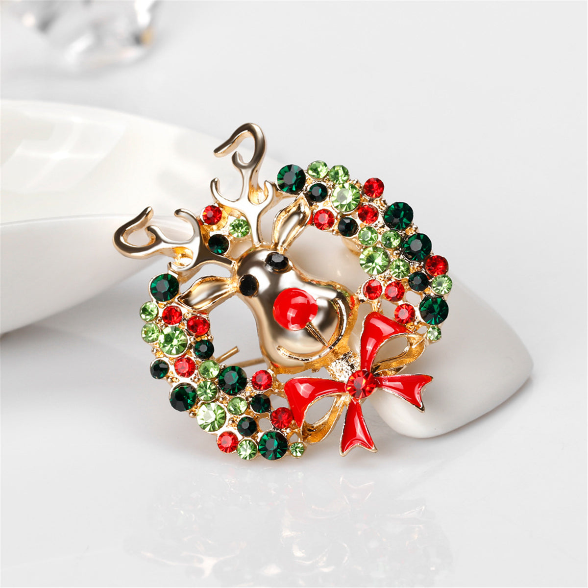 Cubic Zirconia and 18K Gold-Plated Botany Bow and Reindeer Brooch, gold brooch pin, everyday style, side view