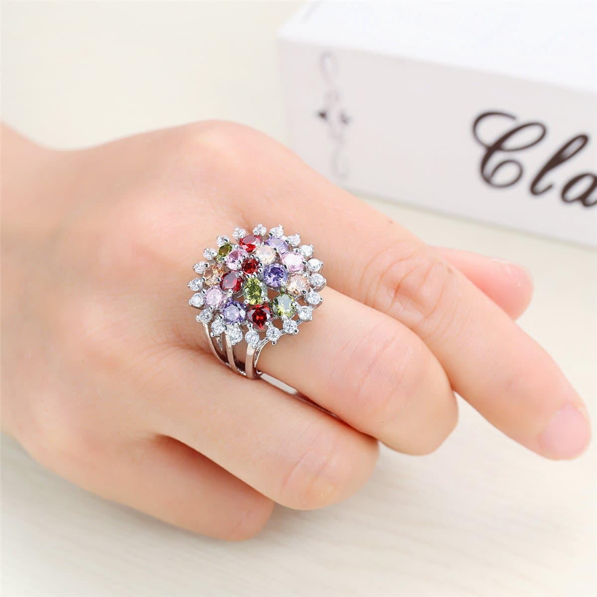 Jewel-Tone Cubic Zirconia & Platinum-Plated Sunflower Ring - streetregion