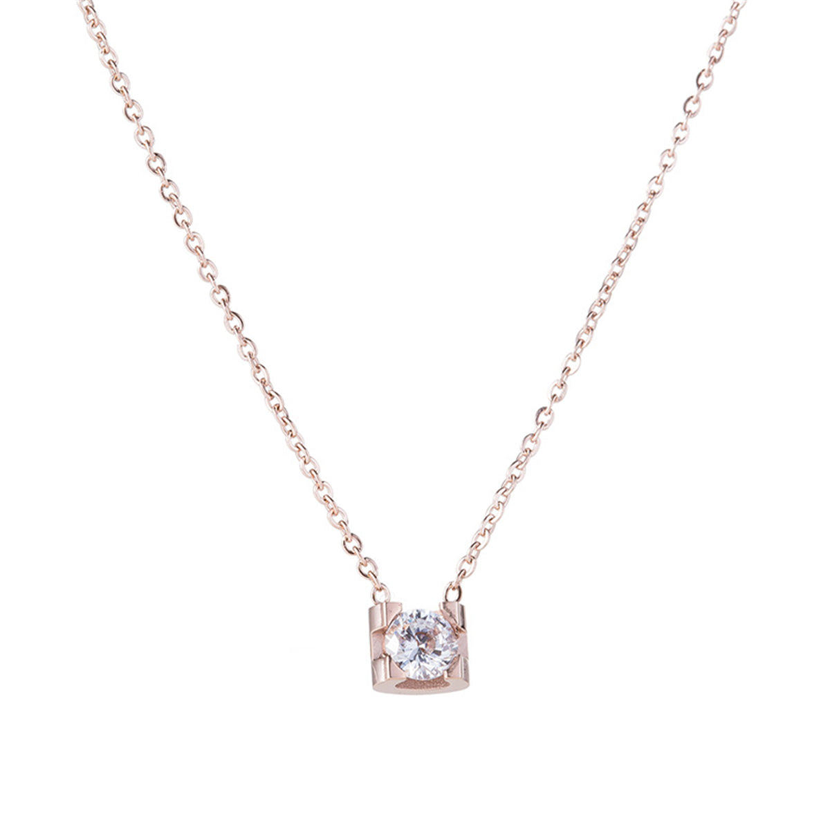 Cubic Zirconia and 18K Rose Gold-Plated Prong Pendant Necklace, rose gold pendant necklace for women, side view