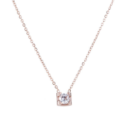 Cubic Zirconia and 18K Rose Gold-Plated Prong Pendant Necklace, rose gold pendant necklace for women, side view