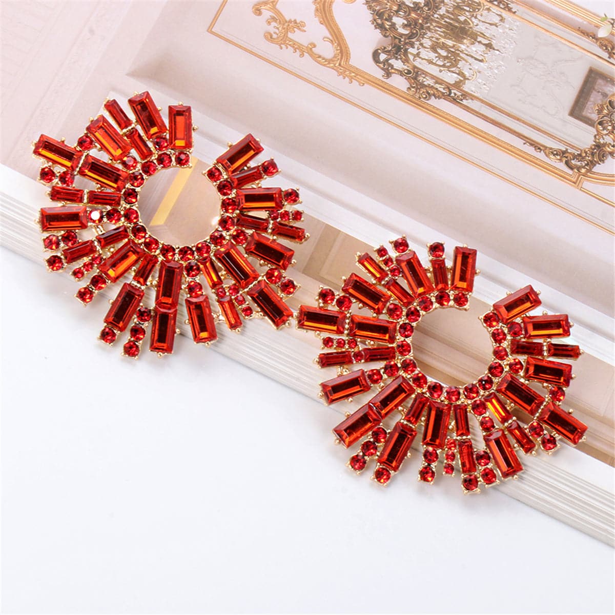 Red Cubic Zirconia and 18K Gold-Plated Abstract Stud Earrings, gold stud earrings for women, everyday style, styled look