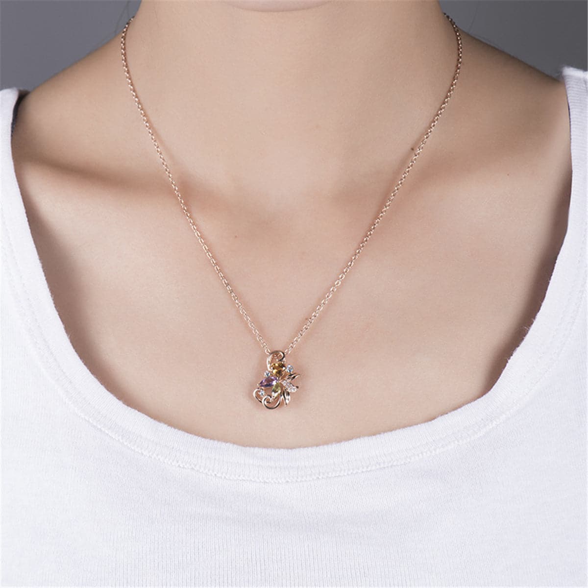 Purple & Orange Crystal Cubic Zirconia Floral Pendant Necklace